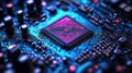 Close-up view of quantum processor chip. Superconducting qubits, quantum computing architecture detailed. High tech component
