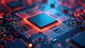 Close-up view of quantum processor chip. Superconducting qubits, quantum computing architecture highlighted. Tech advancement in Royalty Free Stock Photo