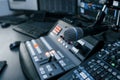 Close up view of radio mixing desk with professional sound equipment Royalty Free Stock Photo