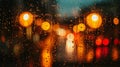 Close-up view of raindrops on window with blurred city lights in background, shot from high angle Royalty Free Stock Photo