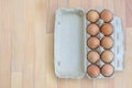 Close-up view of raw chicken eggs in egg box Royalty Free Stock Photo