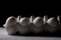 Close-up view of raw chicken eggs in egg box. Front view. Royalty Free Stock Photo