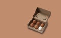 Close-up view of raw chicken eggs in egg box on white wooden background Royalty Free Stock Photo