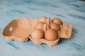 Close up view of raw chicken eggs in egg box on white wooden background Royalty Free Stock Photo