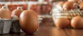 Close-up view of raw chicken eggs on wooden background. Fresh farm egg. eggs in carton box. Royalty Free Stock Photo