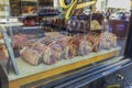 Close-up view of raw meat counter in store. New York.