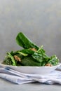 Close up view of raw spinach salad, vegetarian ingredient