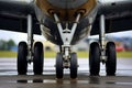 close-up view of the rear dual landing gear of an airplane standing on the ground Royalty Free Stock Photo