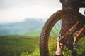Close-up view of rear wheel cassette from mountain bike on the landscape and green grass Royalty Free Stock Photo
