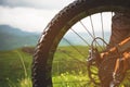 Close-up view of rear wheel cassette from mountain bike on the landscape and green grass Royalty Free Stock Photo