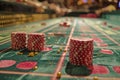 Close up View of Red Dice and Chips on Casino Table with Blurred Lights and Gaming Action in the Background Royalty Free Stock Photo