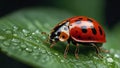 Close up view of a red ladybug with black spots sitting on a green leaf