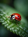 Close up view of a red ladybug with black spots sitting on a green leaf