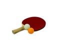 Close up view of red racket for table tennis with orange and white balls isolated. Ping pong game concept. Royalty Free Stock Photo