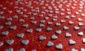 close-up view red surface with numerous small silver hearts arranged in diagonal pattern, creating sense Royalty Free Stock Photo