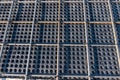 Close up view of reinforcement of concrete. Geometric alignment of Rebars on construction site. Reinforcements steel