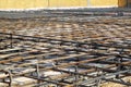 close up view of reinforcement of concrete with metal rods conne