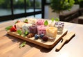 Frozen yogurt with berries and mint on wooden table, closeup