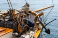 Close up view of the rigging on an old wooden sailboat in the maritime museum on the Svendborg harbor front