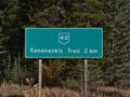 Close-up view of road sign showing the distance to Highway 40 (Kananaskis Trail) in Alberta, Canada in the Rockies. Royalty Free Stock Photo