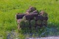 Close up view of rolled turf prepared for laying in garden. Royalty Free Stock Photo