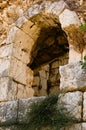 Close-up view ruins of ancient stone wall. Ruins of roman villa in Akkale literally `white castle`, Akdeniz,Turkey.