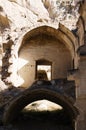 Close-up view of ruins of house in the cave. Picturesque landscape view of ancient cavetown near Goreme in Cappadocia.