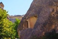 Close-up view of ruins of house in the cave. Picturesque landscape view of ancient cavetown near Goreme in Cappadocia