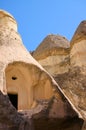 Close-up view of ruins of house in the cave. Picturesque landscape view of ancient cavetown near Goreme in Cappadocia