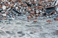 Close-up view ruins of old demolished industrial building. Pile of concrete and brick rubbish, debris, rubble and waste of Royalty Free Stock Photo