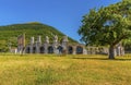 A close-up view of the ruins of the Roman ampitheater at the foot of Mount Ingino in the cathedral city of Gubbio, Italy