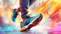 Close up view of runner sport shoes. Marathon runner. Feet in running sneaker shoes. People activity. Generative AI. Illustration