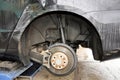 A close up view brake disks and pads and wheel arch of all wheel drive car when the tires have been taken off to be replaced