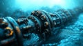 Underwater Pipeline with Rust and Barnacles in the Ocean