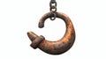 A closeup view of a rustic metal hook with an industrial design hanging from a chain featuring an aged textured surface Royalty Free Stock Photo