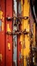 a close up view of a rusty red yellow and blue wall