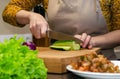 Close-up view of the salad preparation process. A woman in an apron cuts a cucumber on a wooden cutting board Royalty Free Stock Photo