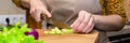 Close-up view of the salad preparation process. A woman in an apron cuts a cucumber on a wooden cutting board Royalty Free Stock Photo