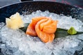 Close up view on sashimi from salmon served on ice. Top view on traditional Japanese food. Fresh tuna ready for eat. Copy space Royalty Free Stock Photo