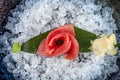 Close up view on sashimi from tuna served on ice. Top view on traditional Japanese food. Fresh tuna ready for eat. Copy space for Royalty Free Stock Photo