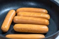 Close Up view of sausages fried in a pan, Sensitive Focus,