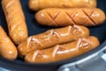 Close Up view of sausages fried in a pan, Sensitive Focus,