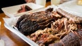 Close up view of the sausages, lamb meat and rib smoked barbecue on a food tray. Royalty Free Stock Photo