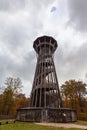 Close up view of Sauvabelin Tower Tour de Sauvabelin on cloudy autumn day, a wooden tower located in Sauvabelin forest with Royalty Free Stock Photo