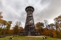 Close up view of Sauvabelin Tower Tour de Sauvabelin on cloudy autumn day, a wooden tower located in Sauvabelin forest with Royalty Free Stock Photo