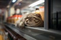Scottish Fold cat sleep inside refrigerator. Royalty Free Stock Photo