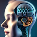 Close up view section of cybernetic brain inside a being with quantum artificial intelligence
