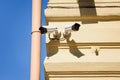 close up view of security cameras on yellow