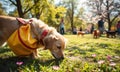 A close-up view of a security dog sniffing a large duffel bag in an outdoor setting