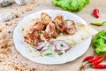 Close up view on served cooked on the grill chicken. shashlik or barbecue meat on pita. Shish kebab, traditional georgian cuisine Royalty Free Stock Photo